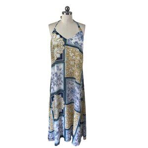 Shoreline Sugars Maxi Halter Dress Womens Large Blue Yellow Damask Boho Festival